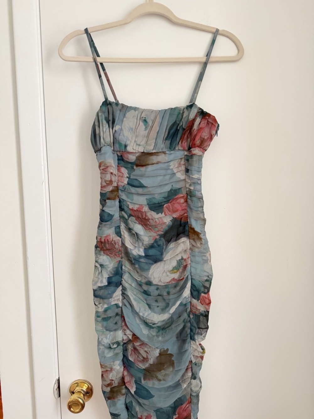 Zara Floral Ruched Midi Dress in Teal, Pink and Cream